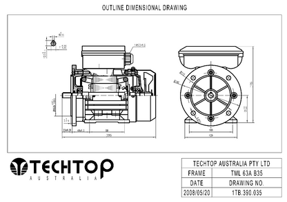 Techtop TML 63 B35 foot and flange mount dimensional drawing for single phase electric motor