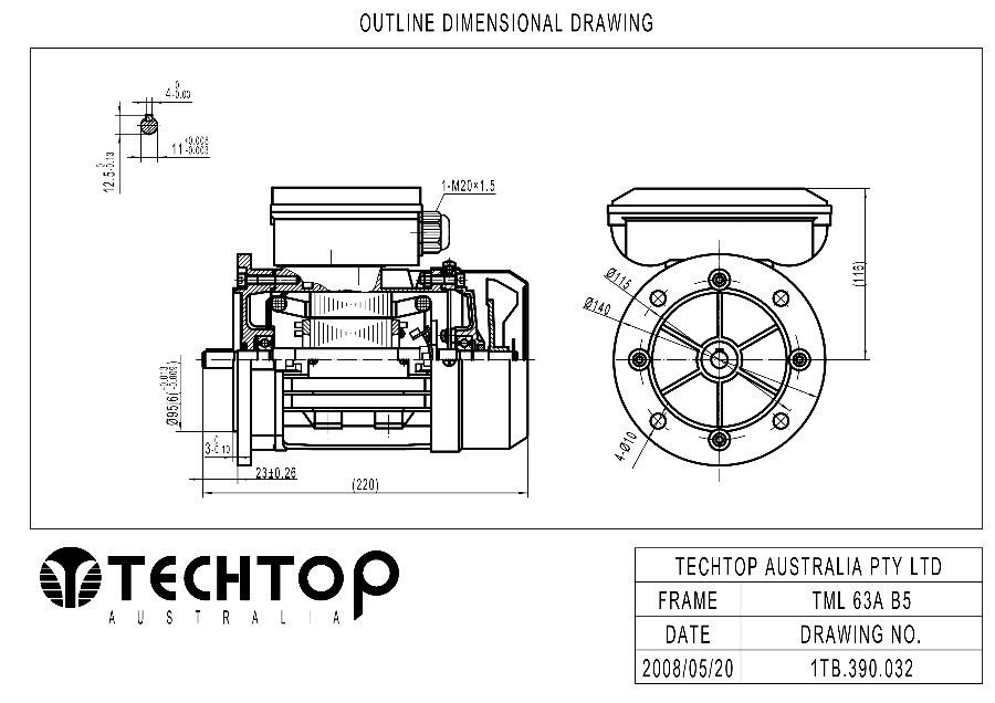 Techtop TML 63 B5 flange mount dimensional drawing for single phase electric motor