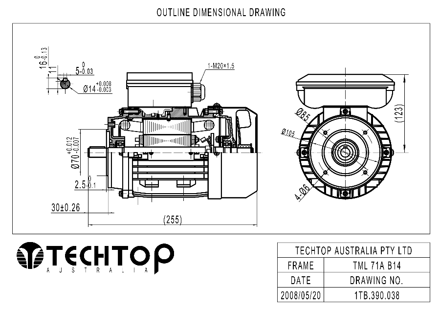 Techtop TML 71 B14 face mount dimensional drawing for single phase electric motor