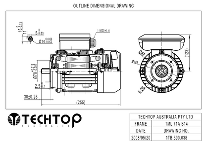 Techtop TML 71 B14 face mount dimensional drawing for single phase electric motor