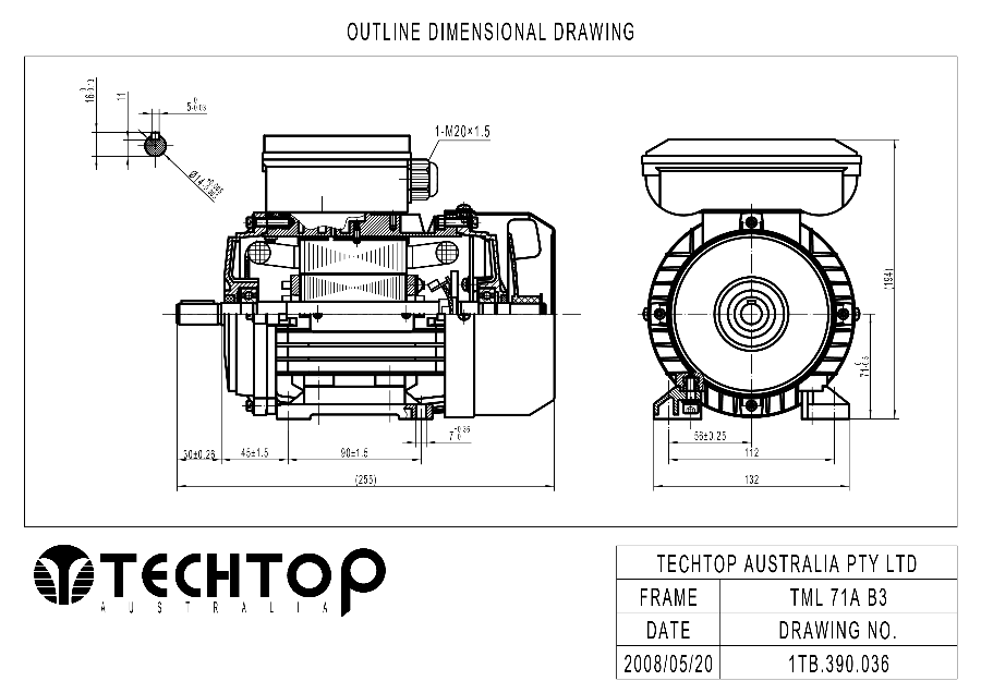 Techtop TML 71 B3 foot mount dimensional drawing for single phase electric motor