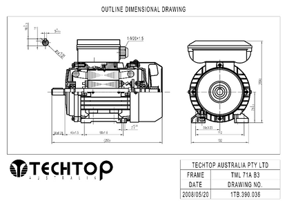 Techtop TML 71 B3 foot mount dimensional drawing for single phase electric motor