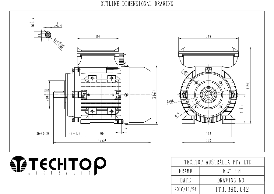 Techtop TML 71 B34 foot and face mount dimensional drawing for single phase electric motor