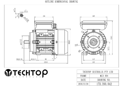 Techtop TML 71 B34 foot and face mount dimensional drawing for single phase electric motor