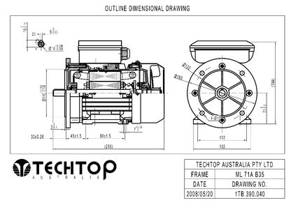 Techtop TML 71 B35 foot and flange mount dimensional drawing for single phase electric motor