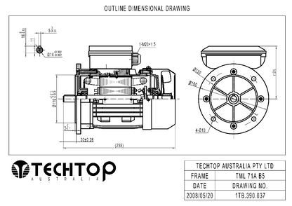 Techtop TML 71 B5 flange mount dimensional drawing for single phase electric motor