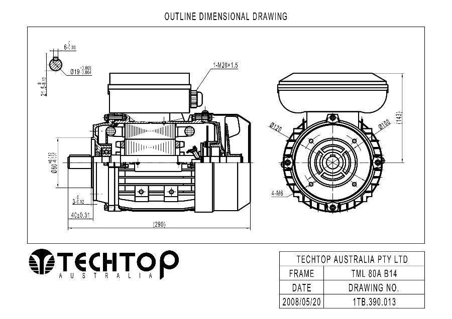 Techtop TML 80A B14 face mount dimensional drawing for single phase electric motor