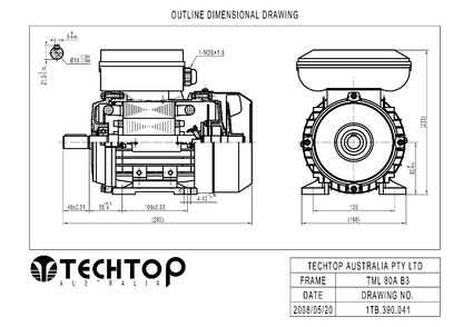 Techtop TML 80A B3 foot mount dimensional drawing for single phase electric motor