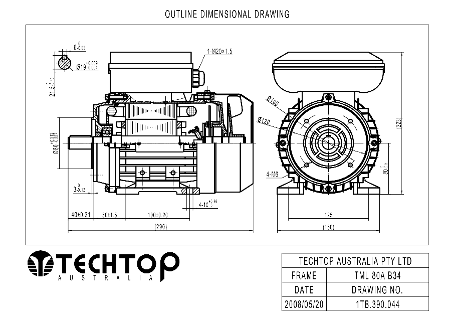 Techtop TML 80A B34 foot and face mount dimensional drawing for single phase electric motor