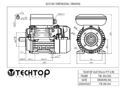 Techtop TML 80A B34 foot and face mount dimensional drawing for single phase electric motor