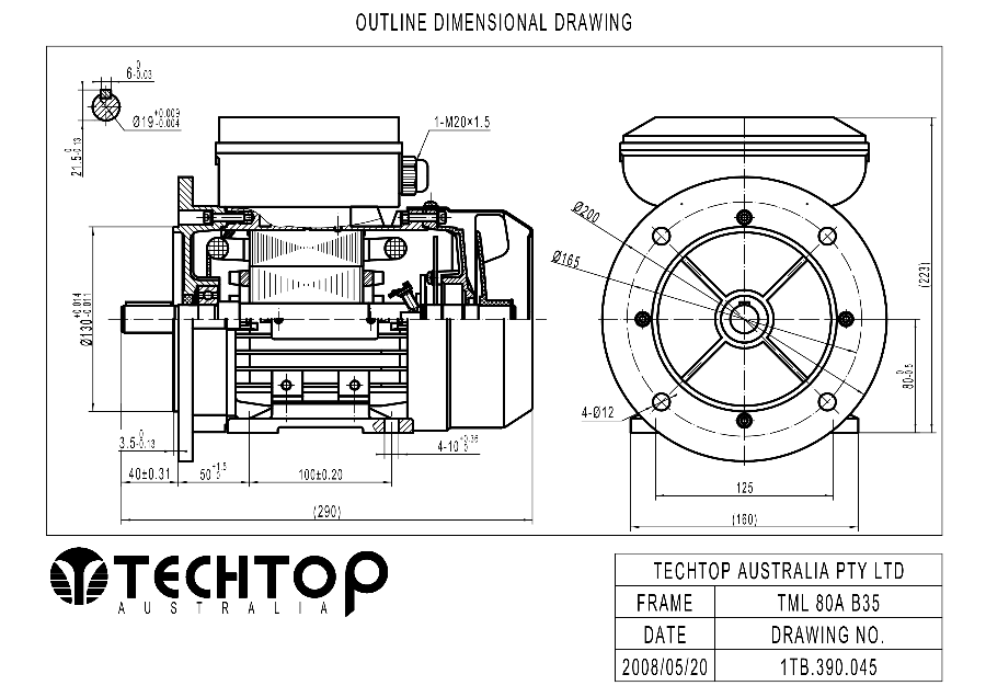 Techtop TML 80A B35 foot and flange mount dimensional drawing for single phase electric motor
