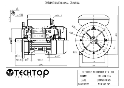 Techtop TML 80A B35 foot and flange mount dimensional drawing for single phase electric motor