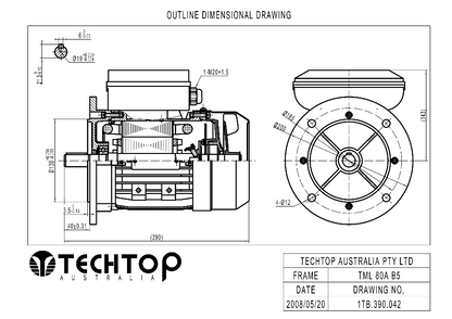 Techtop TML 80A B5 flange mount dimensional drawing for single phase electric motor