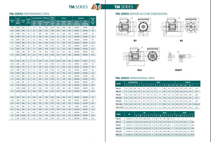 Techtop TML series single phase motor performance data, capacitor sizes, dimensions and frame specifications