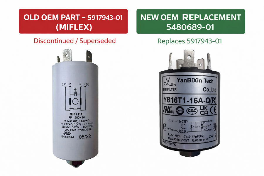 Husqvarna EMI filter old part 5917943-01 compared to new OEM replacement 5480689-01