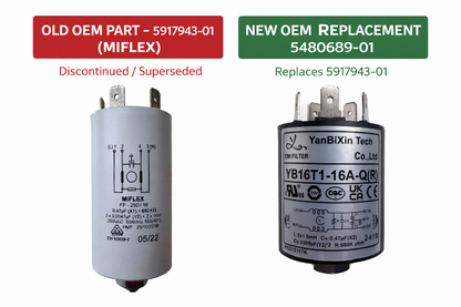 Husqvarna EMI filter old part 5917943-01 compared to new OEM replacement 5480689-01