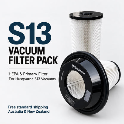 S13 vacuum filter pack with cylindrical HEPA filter and Husqvarna primary filter on a white background