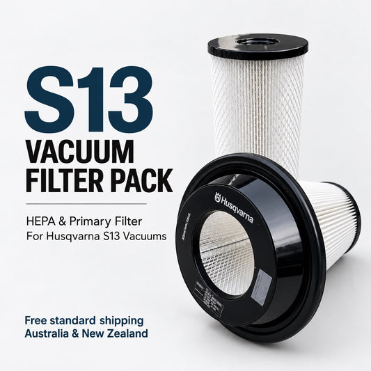 S13 vacuum filter pack with cylindrical HEPA filter and Husqvarna primary filter on a white background