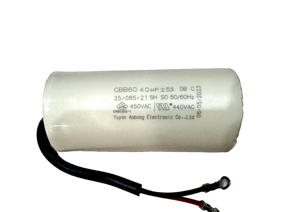 40µF 450VAC CBB60 motor run capacitor with leads for pumps, HVAC units, and compressors