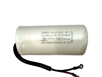 40µF 450VAC CBB60 motor run capacitor with leads for pumps, HVAC units, and compressors