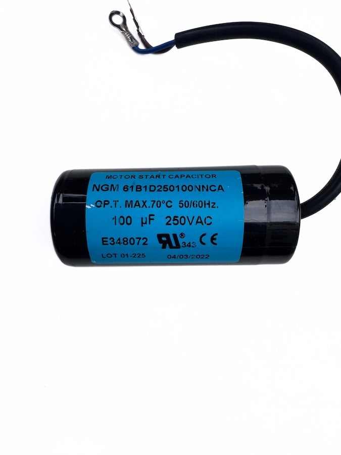 100µF 250VAC motor start capacitor showing insulated terminals and housing