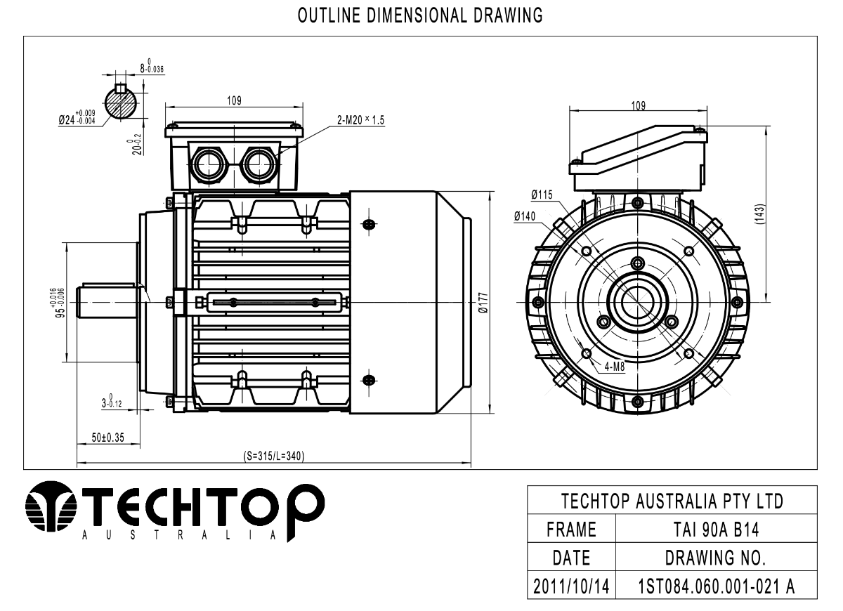 Techtop TAI 90 frame B14 face mount motor dimensions