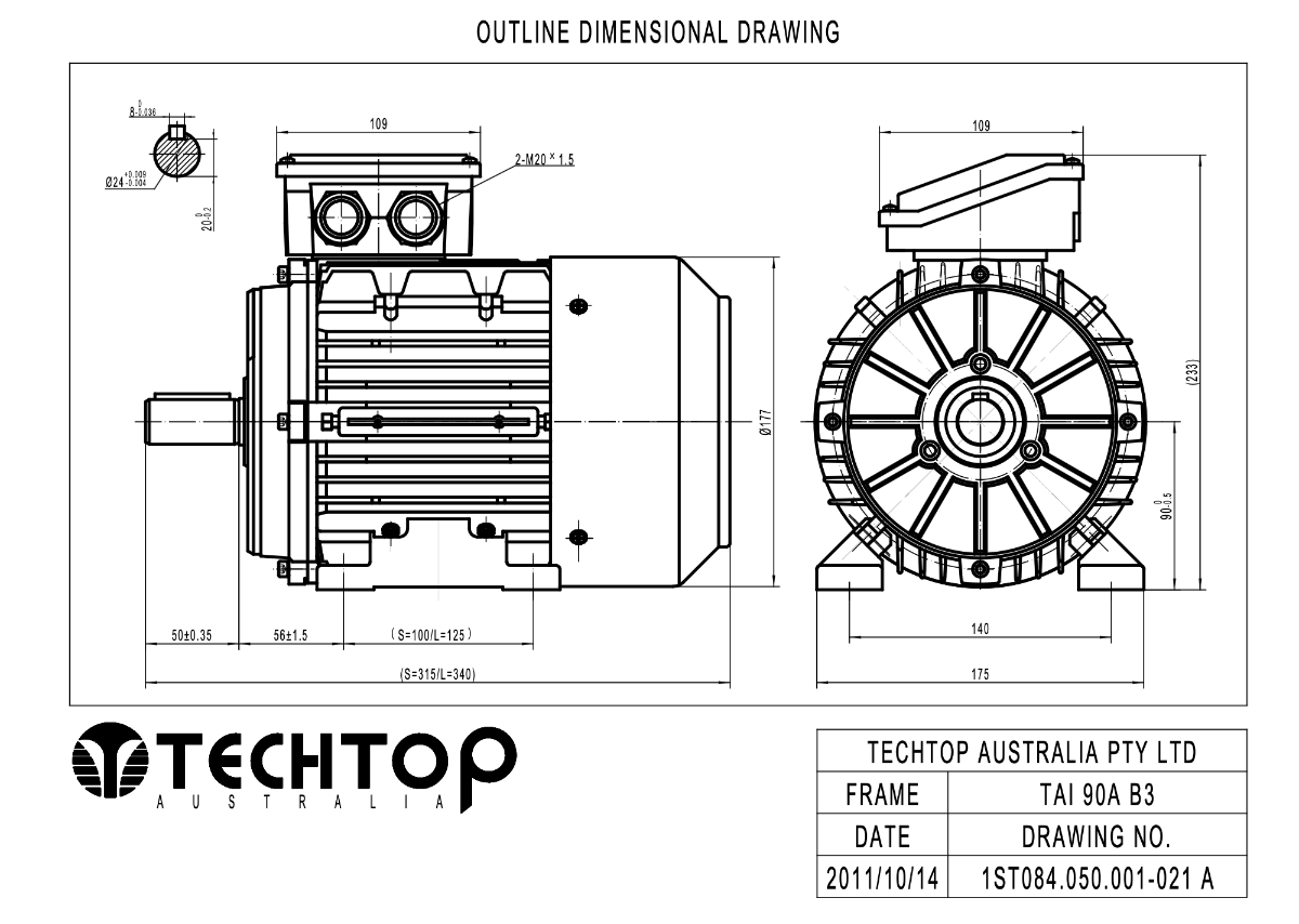 Techtop TAI 90 frame B3 foot mount motor dimensions