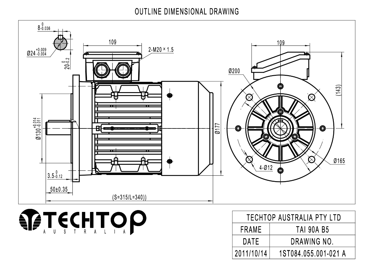 Techtop TAI 90 frame B5 flange mount motor dimensions