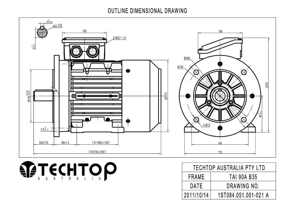 Techtop TAI 90 frame B35 foot and flange mount motor dimensions