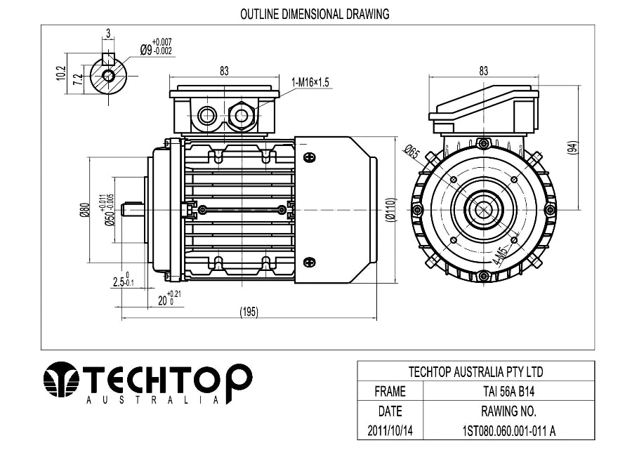 Techtop TAI 56 frame B14 face mount electric motor dimensional drawing