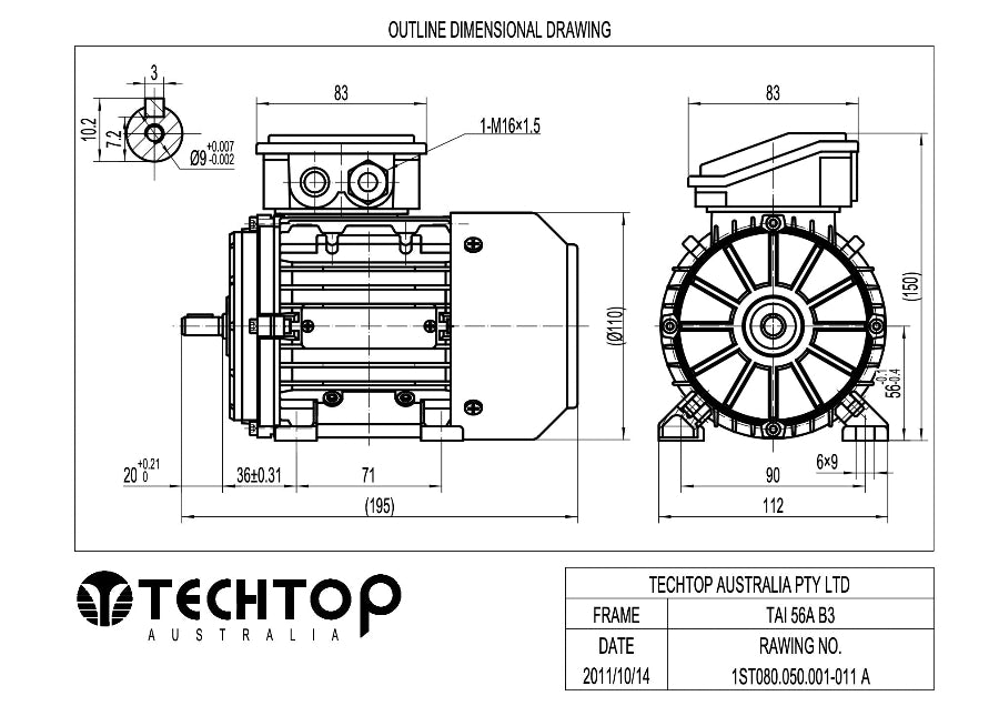 Techtop TAI 56 frame B3 foot mount electric motor dimensional drawing