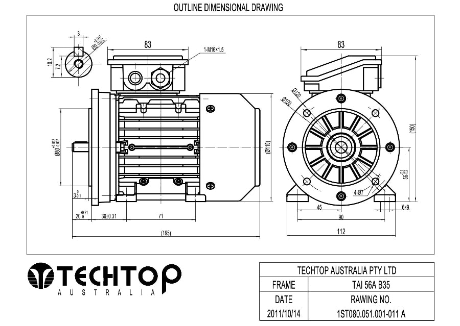 Techtop TAI 56 frame B35 foot and flange mount electric motor dimensional drawing