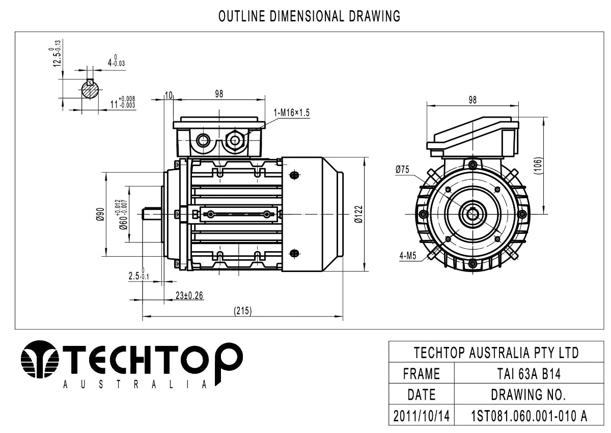 Techtop TAI 63A frame B14 face mount electric motor dimensional drawing