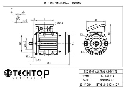 Techtop TAI 63A frame B14 face mount electric motor dimensional drawing