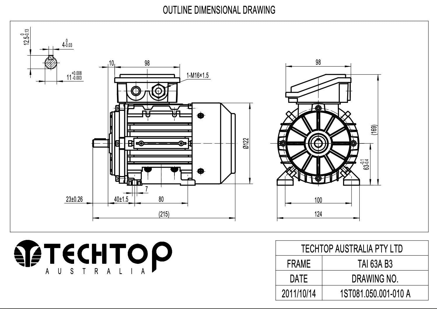 Techtop TAI 63A frame B3 foot mount electric motor dimensional drawing