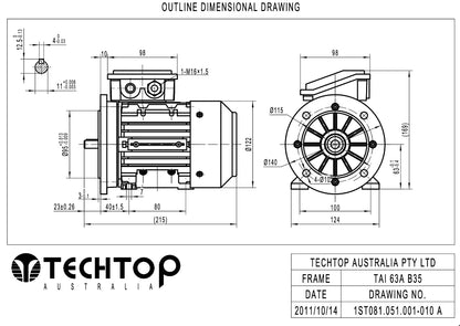 Techtop TAI 63A frame B35 foot and flange mount electric motor dimensional drawing
