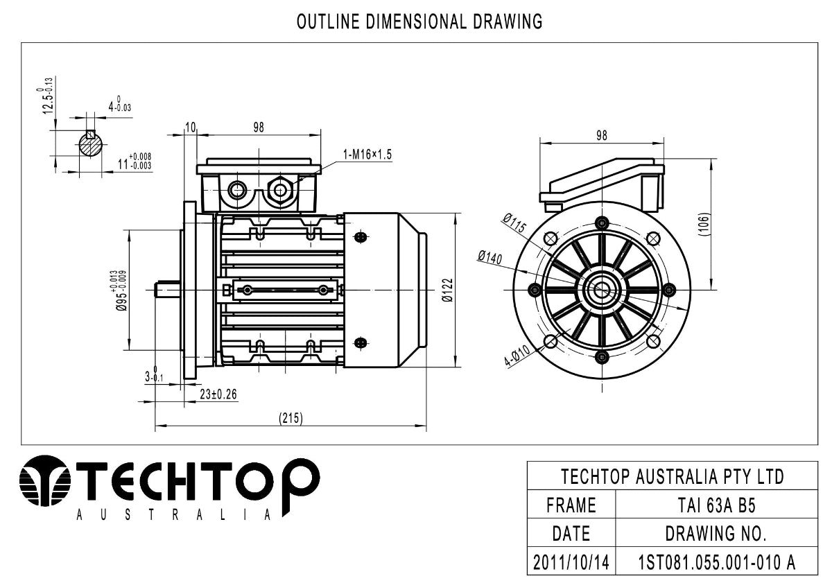 Techtop TAI 63A frame B5 flange mount electric motor dimensional drawing