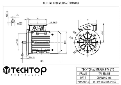 Techtop TAI 63A frame B5 flange mount electric motor dimensional drawing