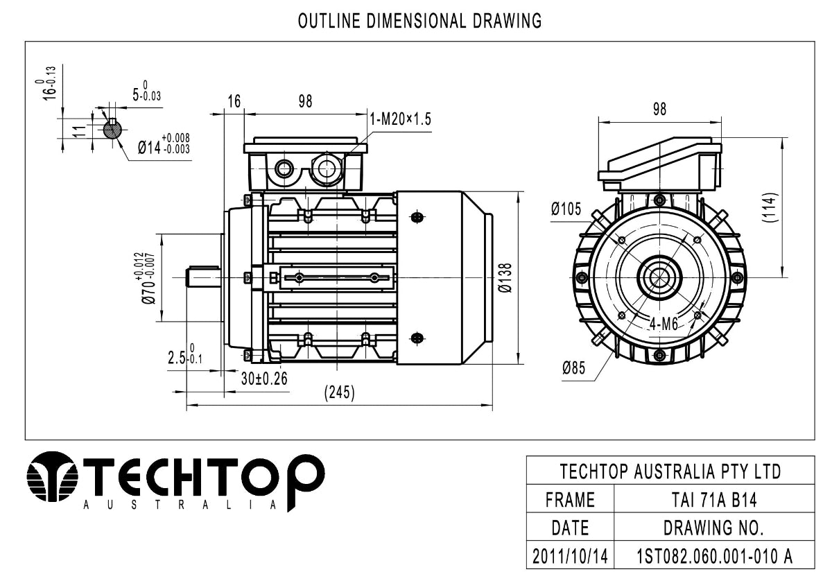 Techtop TAI 71A frame B14 face mount electric motor dimensional drawing