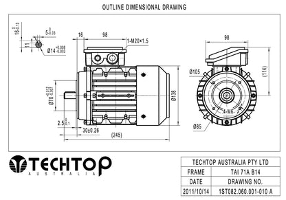 Techtop TAI 71A frame B14 face mount electric motor dimensional drawing