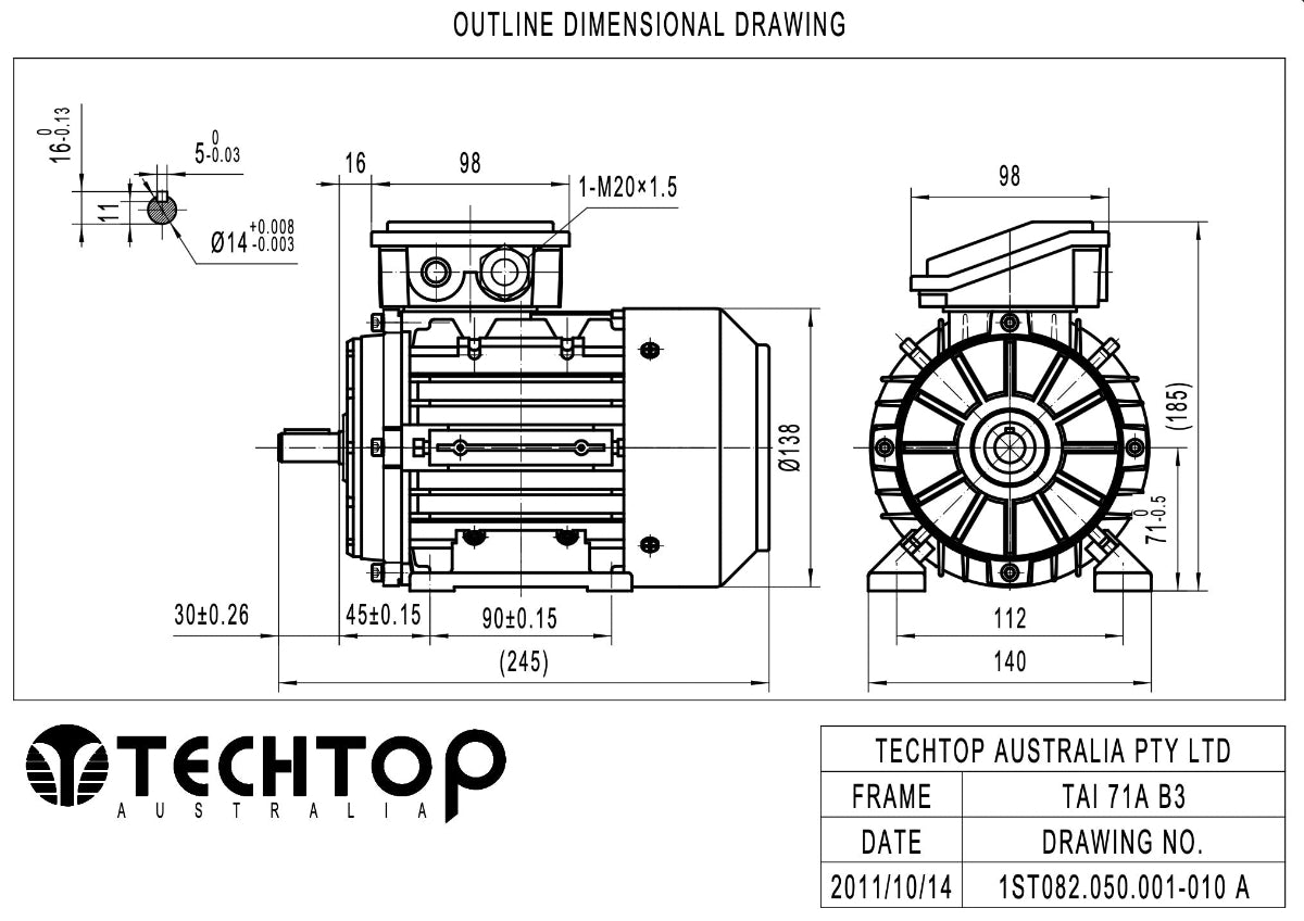 Techtop TAI 71A frame B3 foot mount electric motor dimensional drawing
