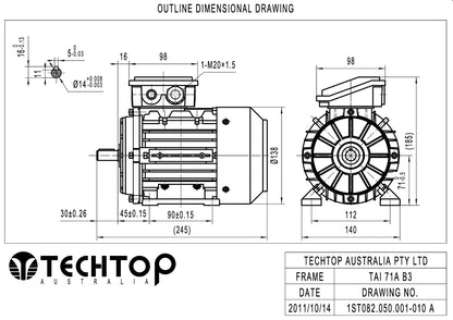 Techtop TAI 71A frame B3 foot mount electric motor dimensional drawing