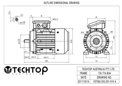 Techtop TAI 71A frame B34 foot and face mount electric motor dimensional drawing