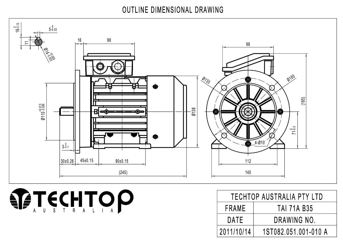 Techtop TAI 71A frame B35 foot and flange mount electric motor dimensional drawing