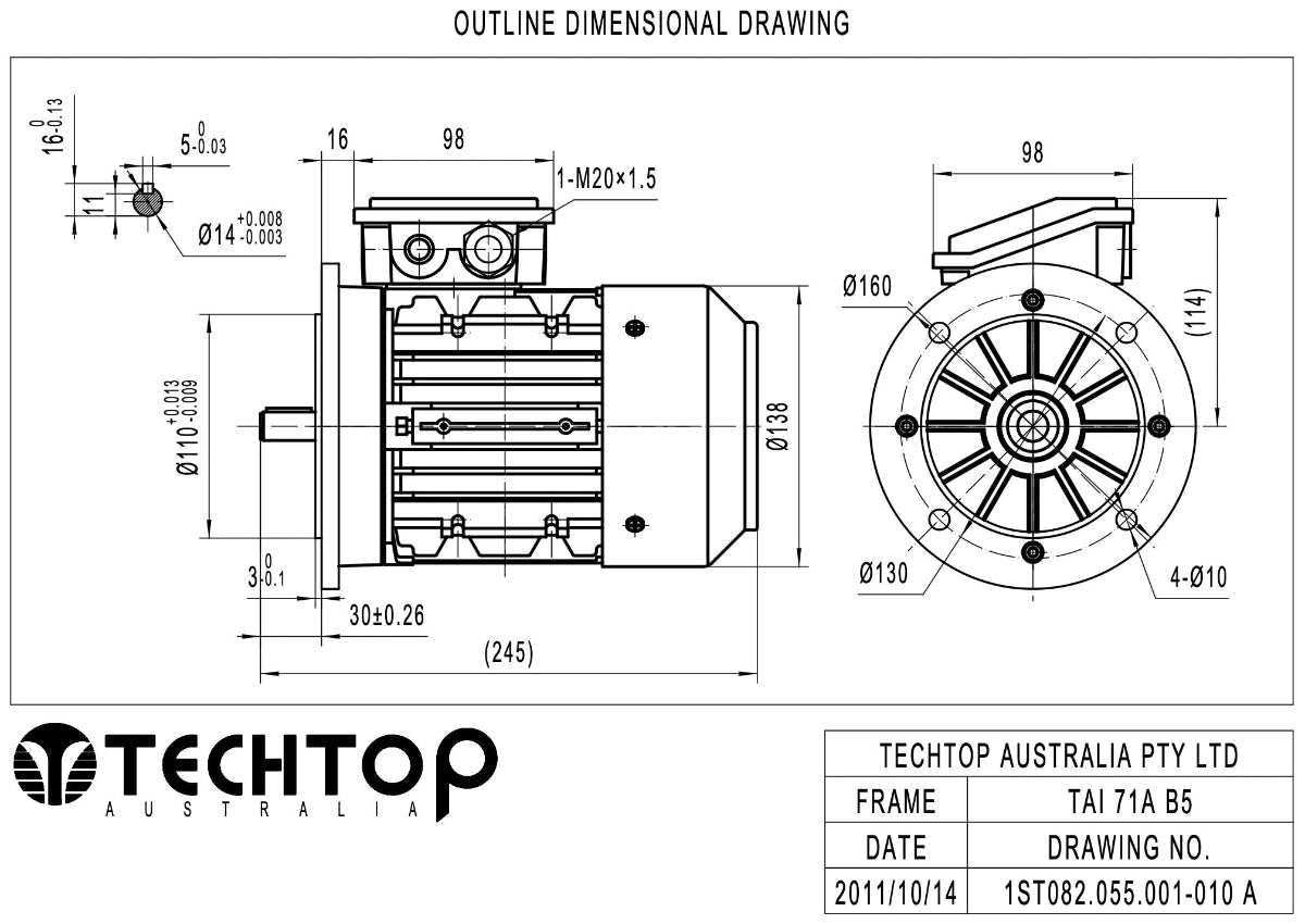 Techtop TAI 71A frame B5 flange mount electric motor dimensional drawing