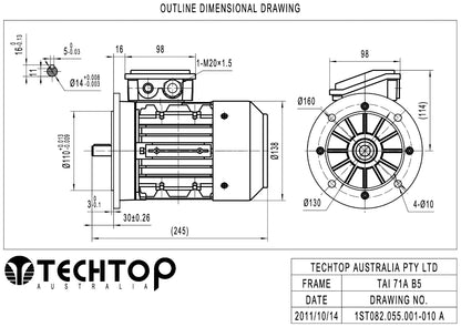 Techtop TAI 71A frame B5 flange mount electric motor dimensional drawing