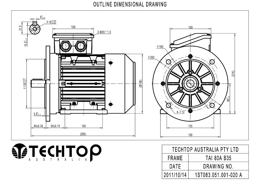 Techtop TAI 80A B35 foot and flange mount frame dimensions