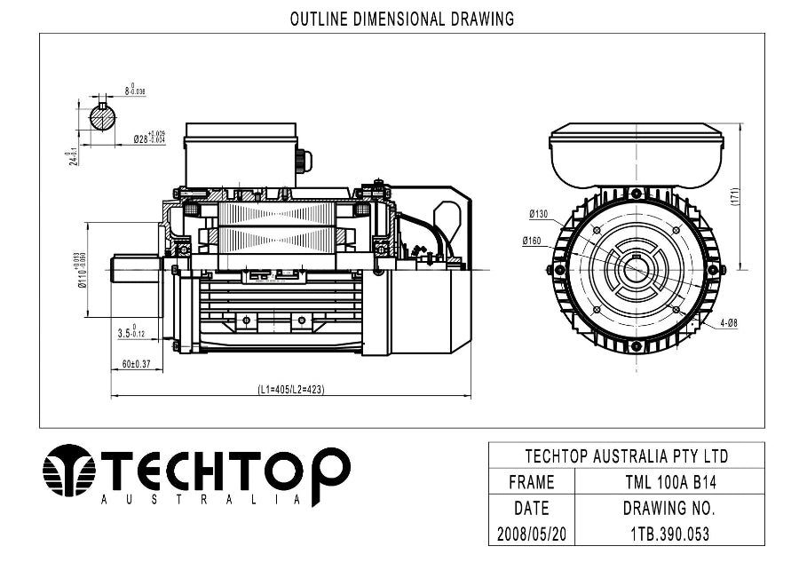 Techtop TML 100A B14 face mount outline dimensional drawing showing shaft, face mounting and overall motor dimensions