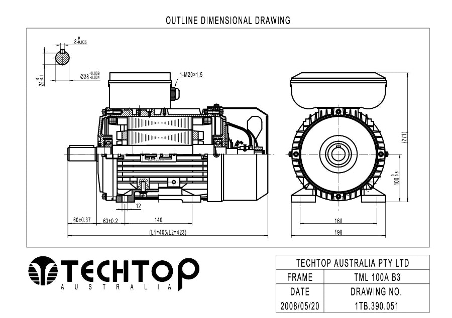 Techtop TML 100A B3 outline dimensional drawing showing shaft, foot mounting and overall motor dimensions