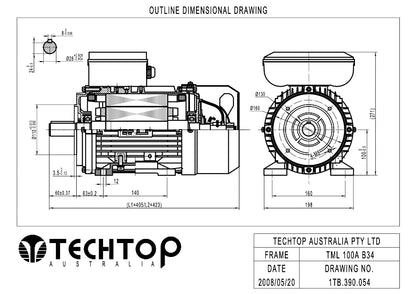 Techtop TML 100A B34 foot and face mount outline dimensional drawing showing shaft, face mounting and overall motor dimensions